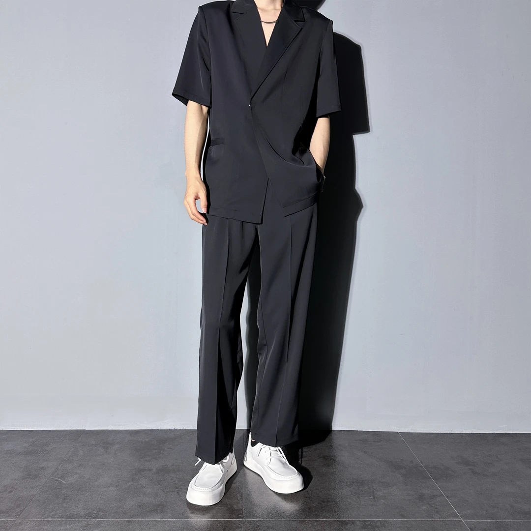莱德的搭配夏款痞帅西服套装男士男款冰丝薄款时尚西装两件套