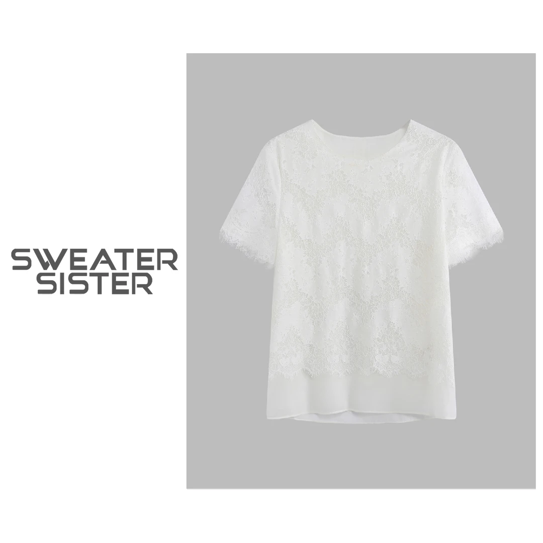 法式圆领蕾丝衫宽松百搭短袖T恤女515-02039