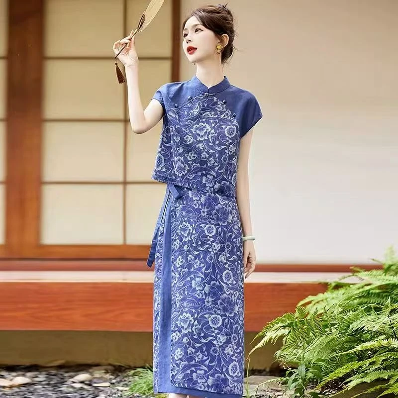 改良旗袍两件套装女2025夏季新款苎麻印花新中式国风宽松显瘦套裙