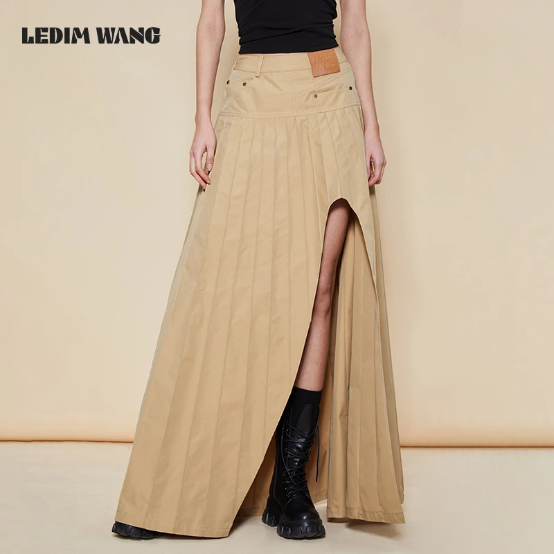 1LEDIM WANG立体梗不规则半身裙女卡其气质大摆长裙新款百搭半裙