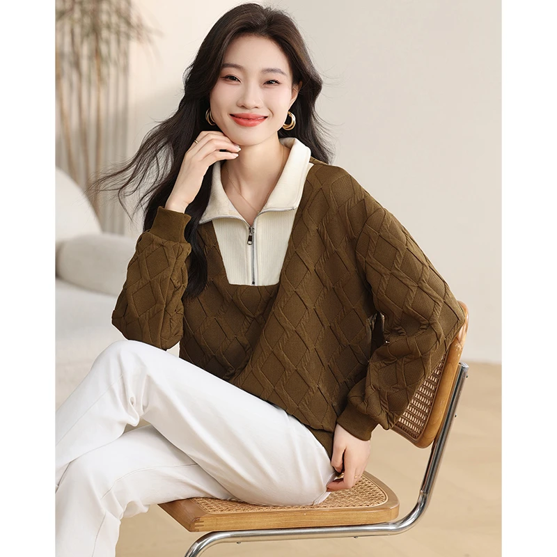 气质百搭肌理感撞色拼接翻领卫衣春秋新款时尚百搭舒适显瘦女卫衣