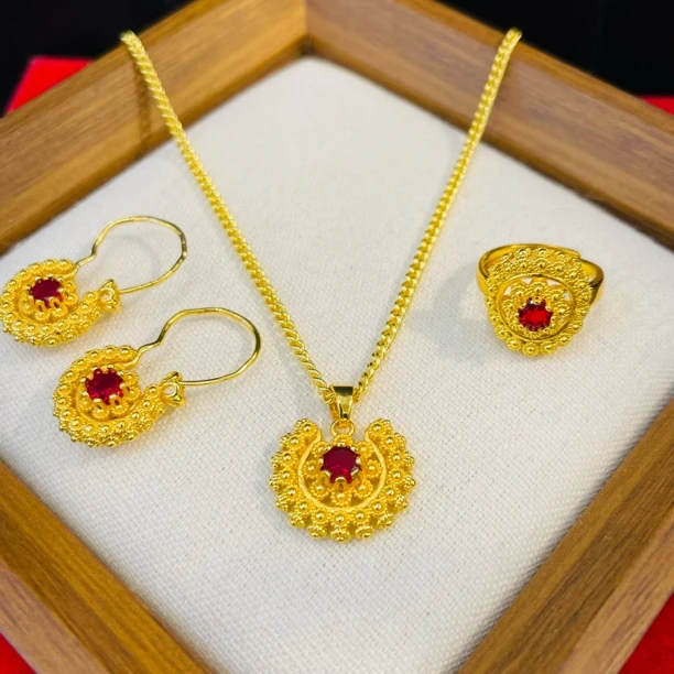 铜合金项链 新款个性项链三件套3202金色素圈戒指轻质