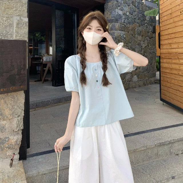 蓝色雪纺上衣女夏法式别致娃娃小衫泡泡袖多巴胺2025新款短袖衬衫