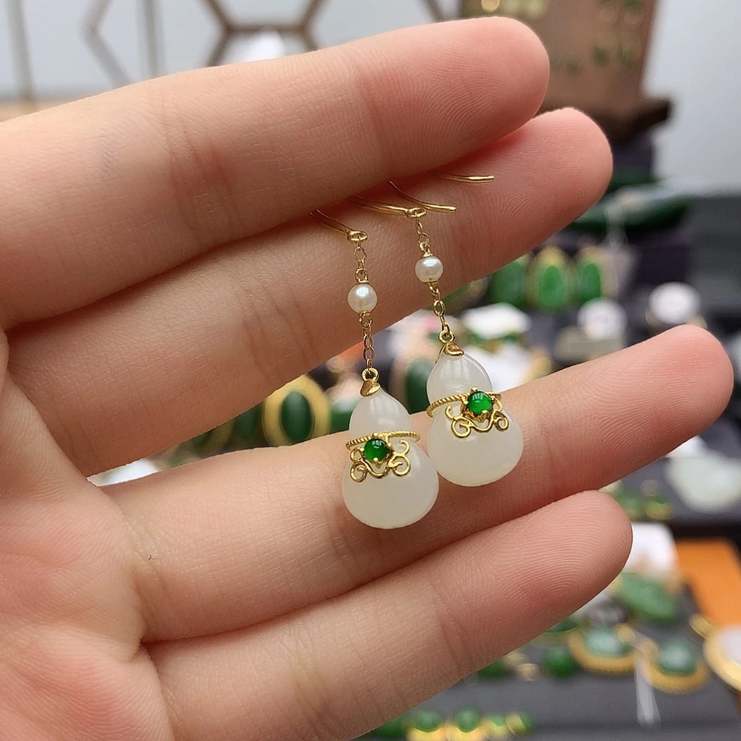 和田玉（白玉）18K金镶嵌耳饰
