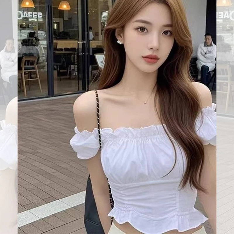 法式高级感一字领泡泡袖衬衫女夏季新款辣妹纯欲风高腰短袖上衣服