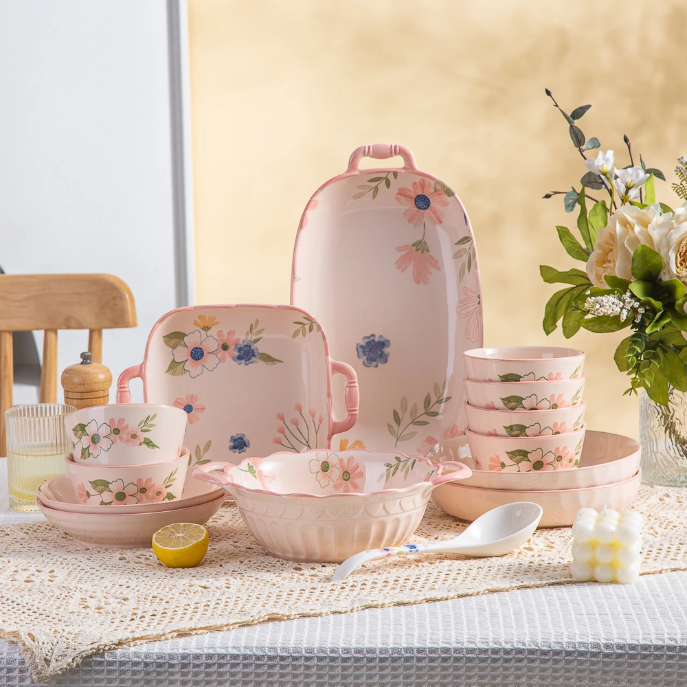 珊瑚海系列陶瓷釉下彩高级感餐具新款碗碟家用碗盘子组合14件套