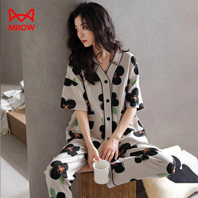 猫人经典睡衣女士夏季纯棉短袖长裤开衫薄款夏天凉感高颜值家居服