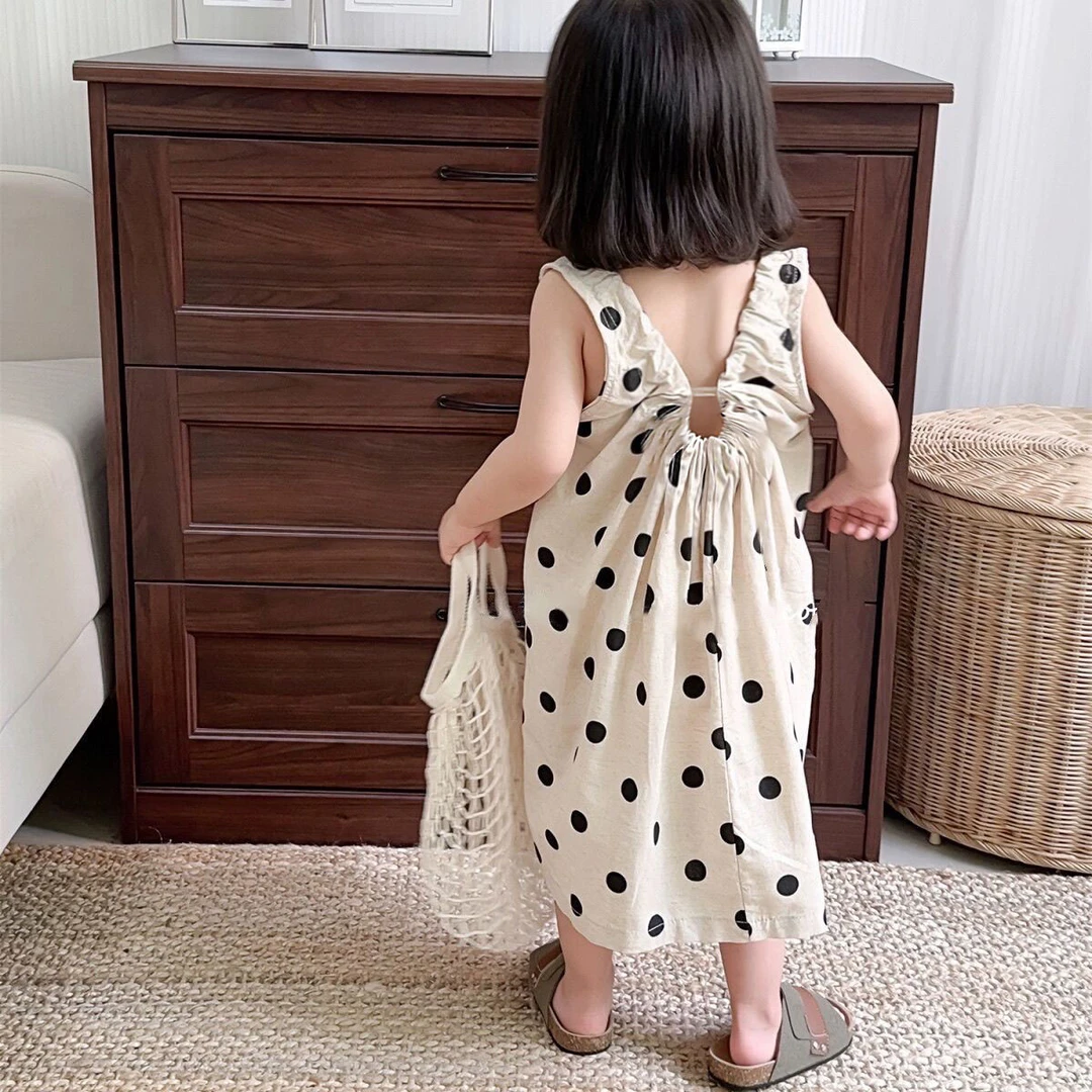 女童波点露背连衣裙背心裙2025夏季新款韩版洋气女孩吊带裙公主裙