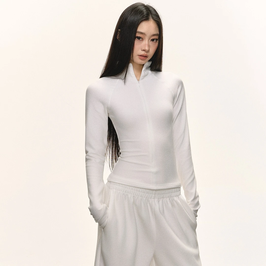 anna aneae人棉高领打底衫女早秋季纯色短款修身显瘦拉链长袖上衣