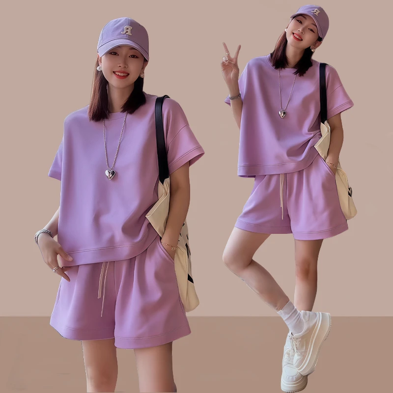 小个子休闲减龄套装女2025年夏季新款洋气短袖上衣阔腿短裤两件套