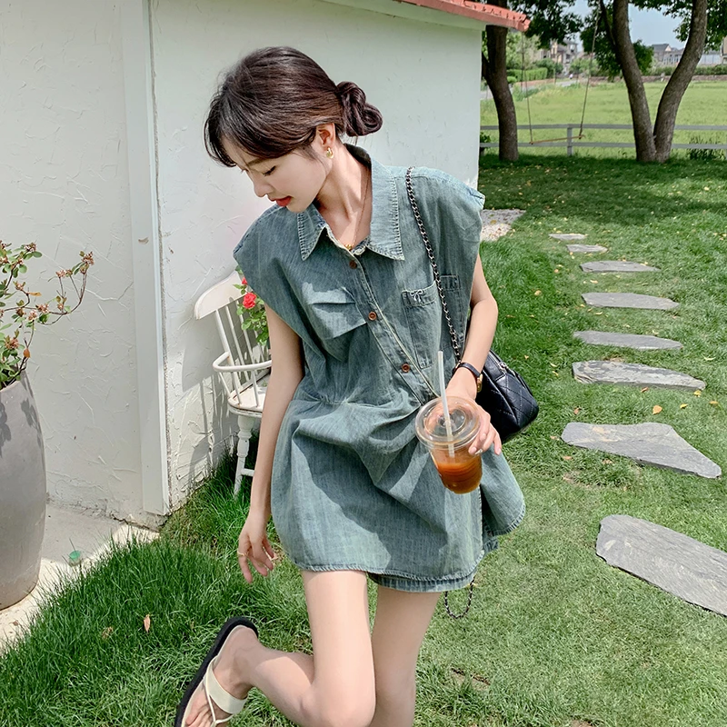 港味复古夏季套装女薄款小个子2025新款不规则牛仔衬衫短裤两件套