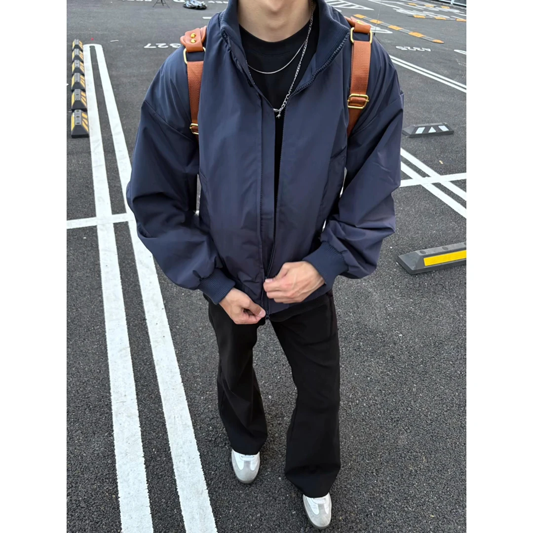 美式高街飞行员夹克男秋季cleanfit藏青色短款外套廓形立领棒球服