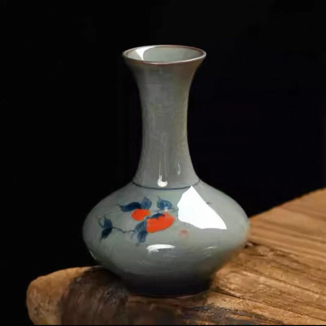 天青釉-柿柿如意哥窑复古陶瓷中式白瓷青花汝窑花插瓶SYY家用
