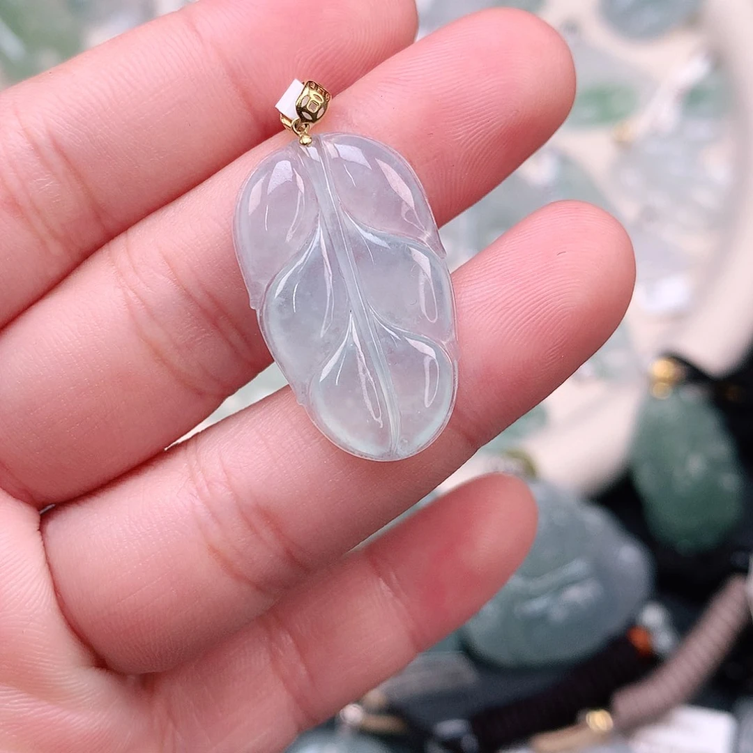 翡翠18K金镶嵌颈饰冰胶叶子27-17-4如