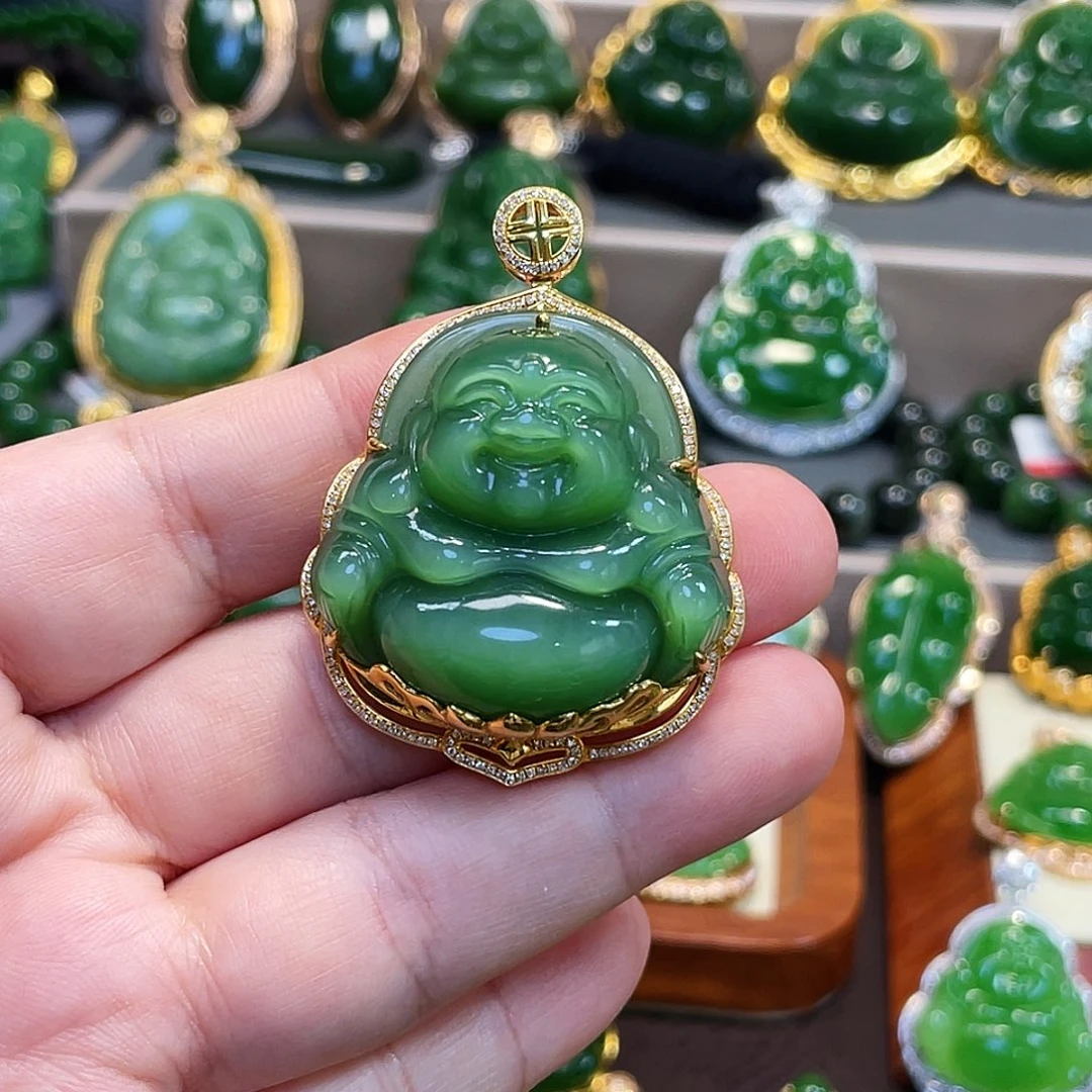 和田玉（碧玉）颈饰22K金镶嵌向**粉绿猫眼佛公34