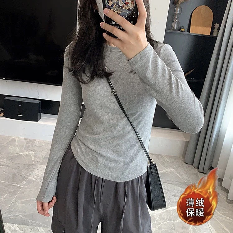 基础款纯色圆领长袖打底衫女秋冬新款辣妹风韩版修身显瘦百搭上衣