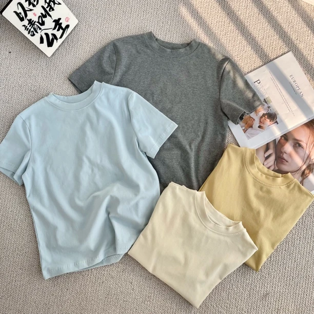 ［巧巧定制］新款韩版百搭修身显瘦时尚女纯色圆领打底短袖T恤 6123