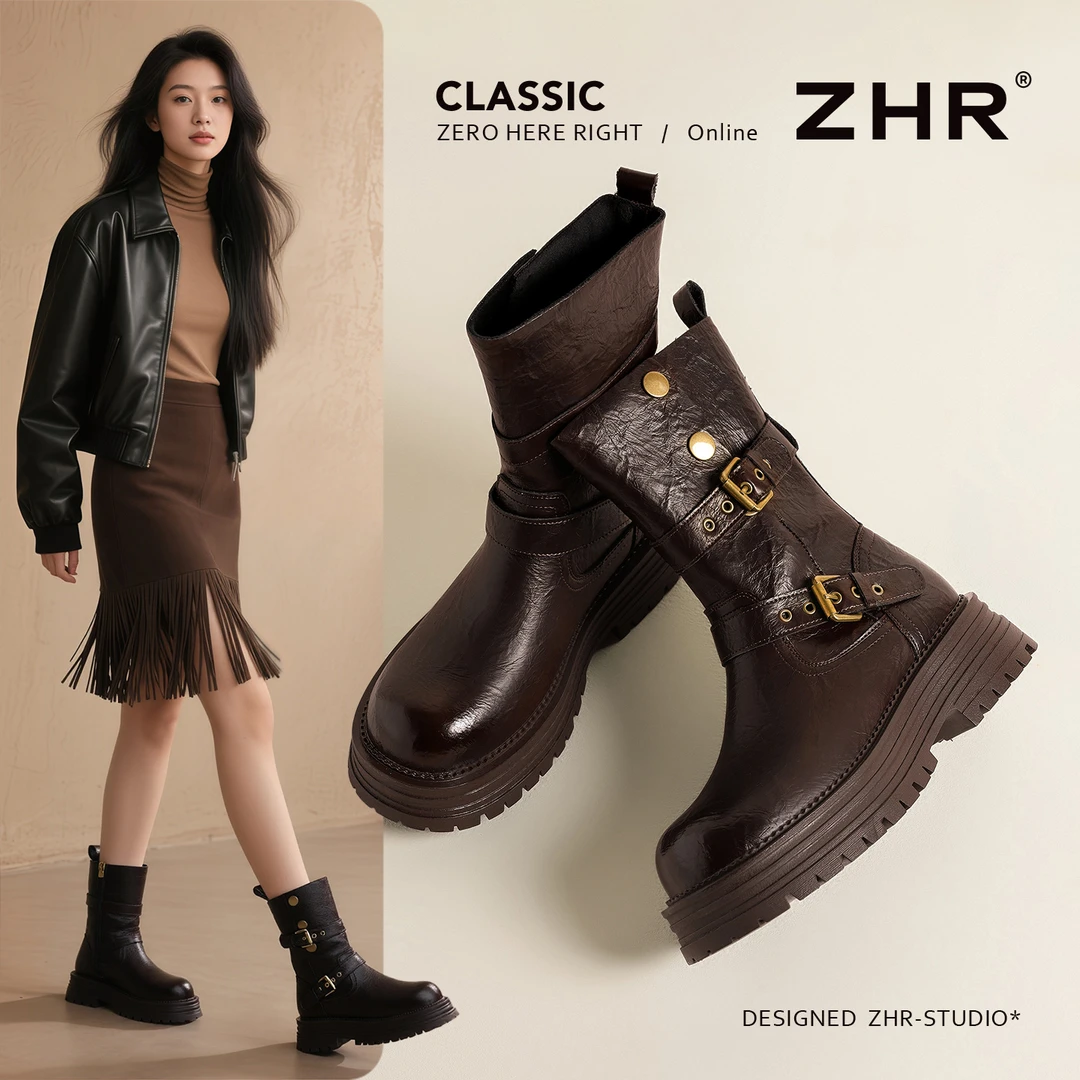ZHR皮带扣马丁靴粗跟新款厚底鞋子女款网红款百搭短靴中筒靴女款