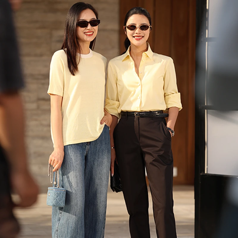 COLINWANG-无尽假日|奢牌质感真丝亚麻极简百搭领口撞色短袖T恤