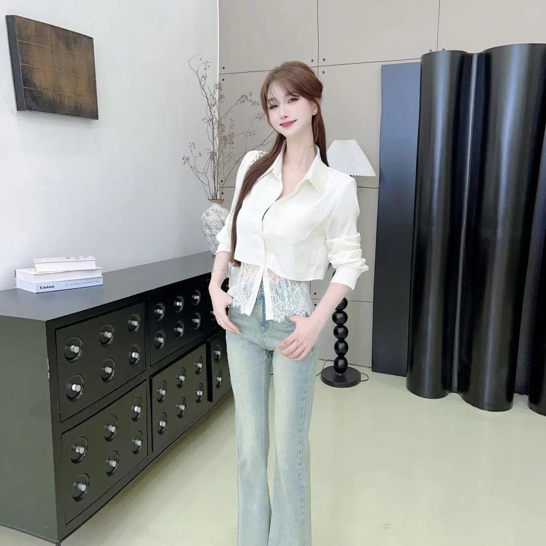 【北恋月晚】韩系通勤蕾丝拼接白色衬衫小众高级感