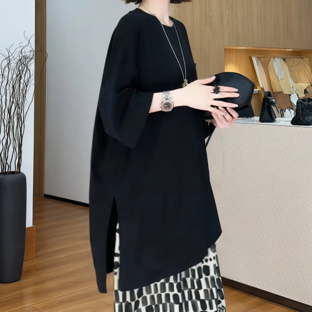 设计感不规则短袖T恤女2025夏季新款大码胖MM设计感纯色显瘦上衣