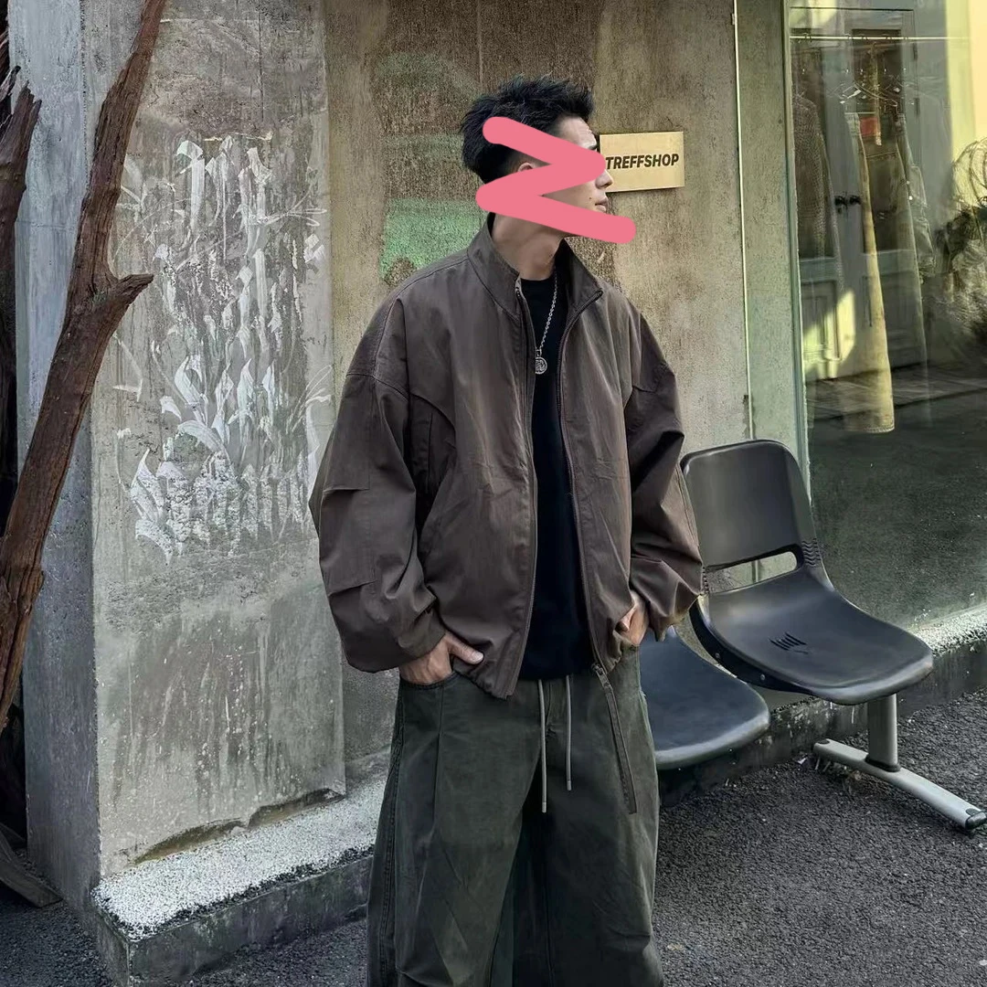 美式复古2025秋季高街弯刀袖阔型短版痞帅褶皱设计款夹克外套男女