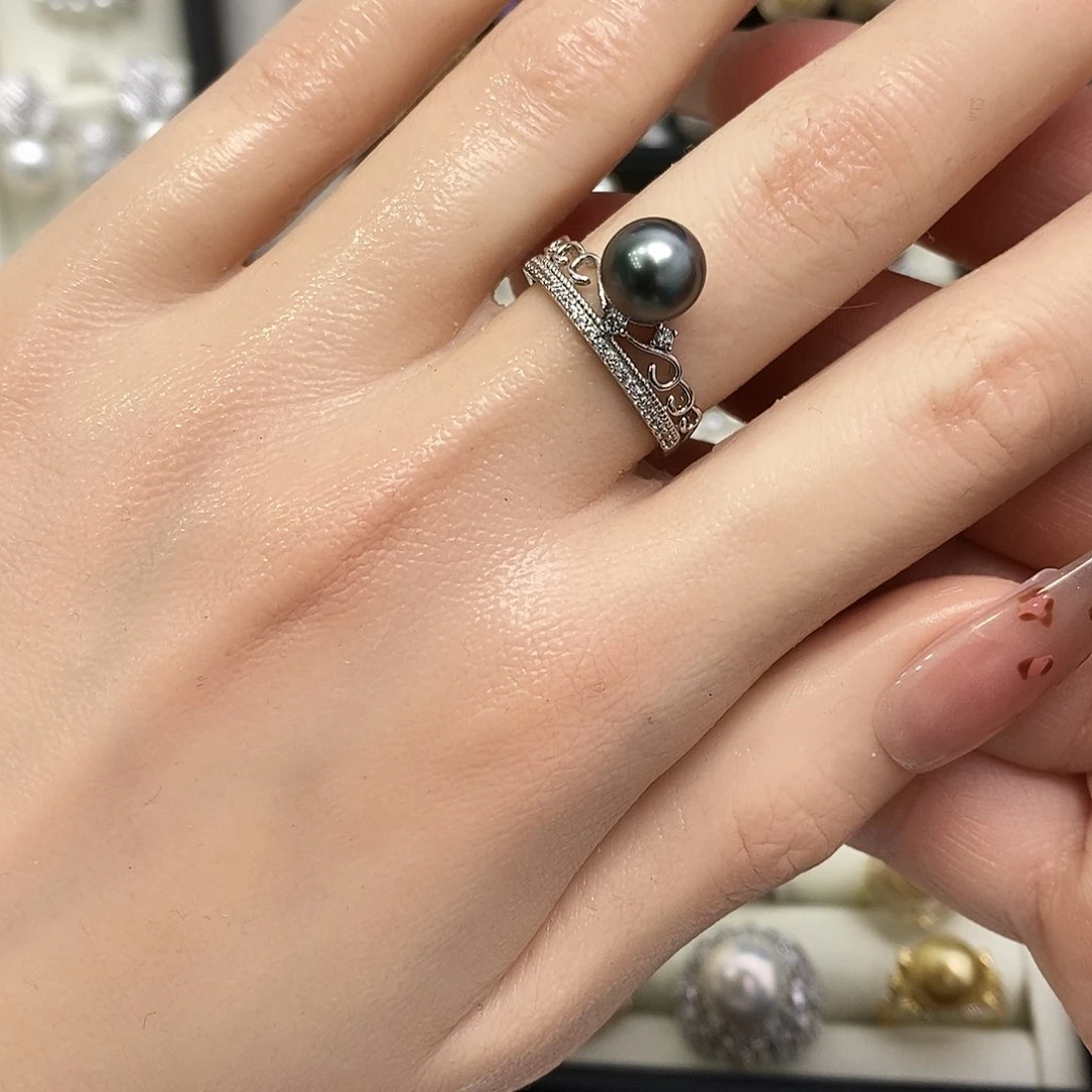 银S925镶嵌戒圈海水珍珠大溪地7-8mm