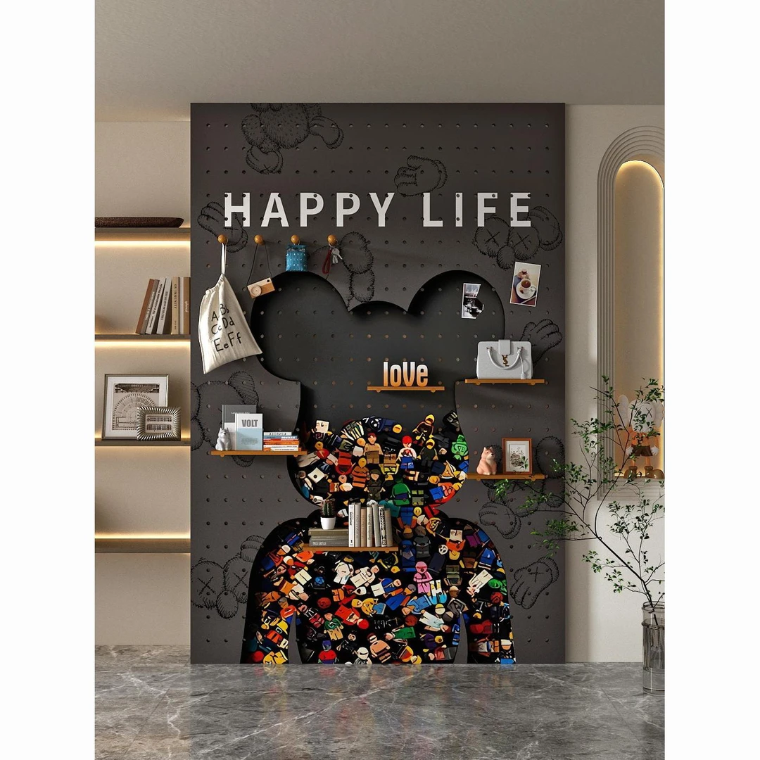 洞洞板实木置物架定制暴力熊图案入户玄关收纳展示架装饰遮挡869