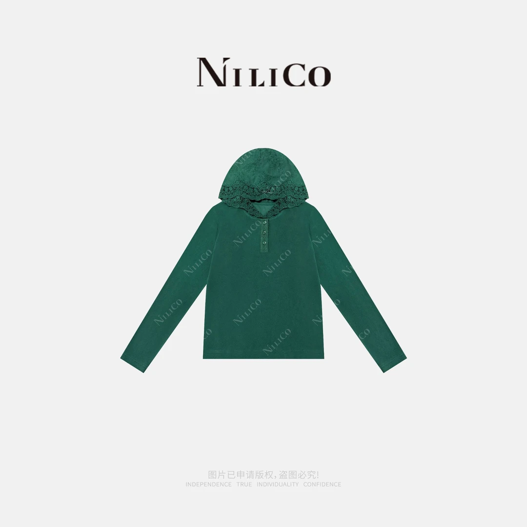 NILICO【翡翠海岸】舒芙绒拼花边连帽休闲女长袖卫衣