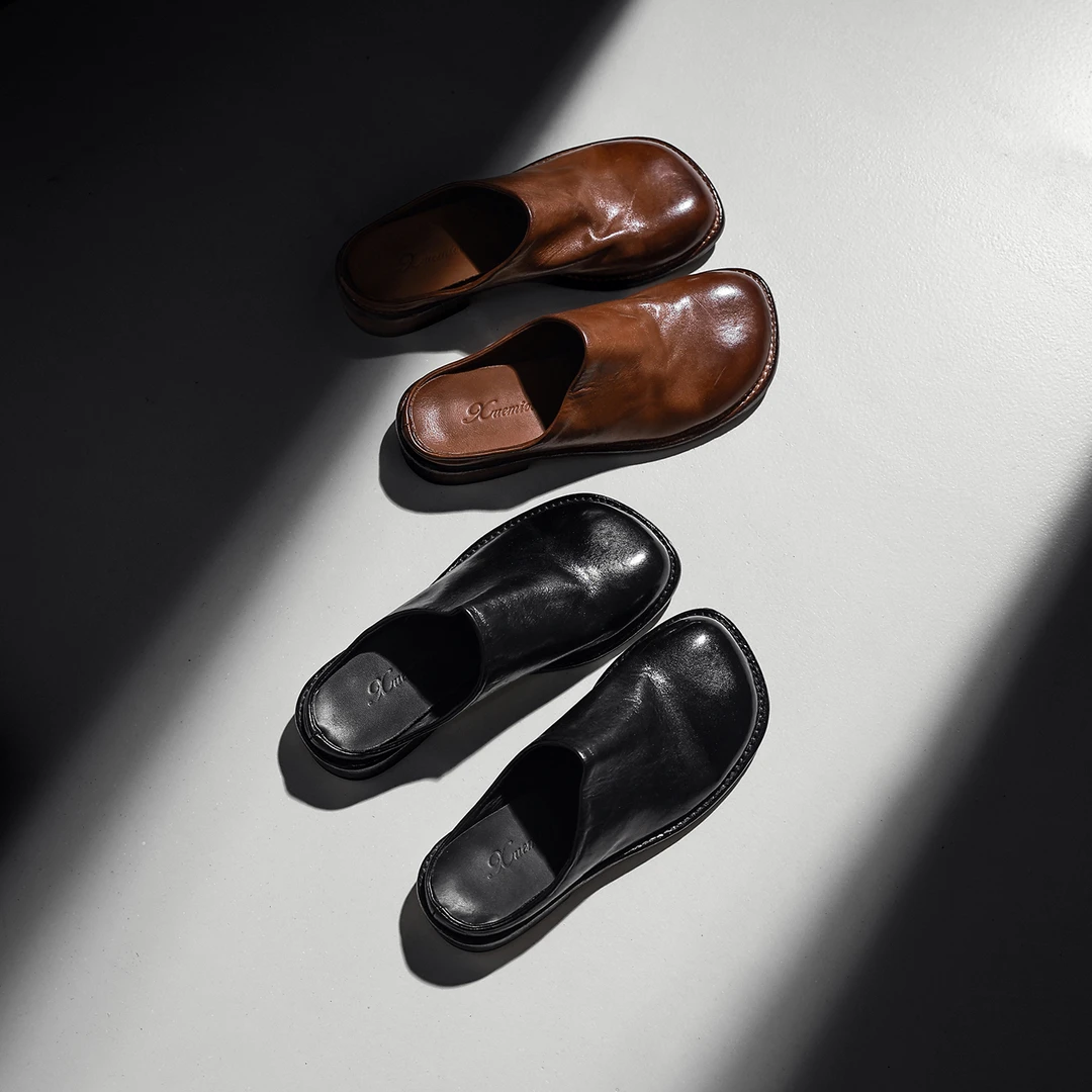 2025新款手工做旧水洗马皮法式方头包头拖女士舒适软底勃肯皮拖鞋