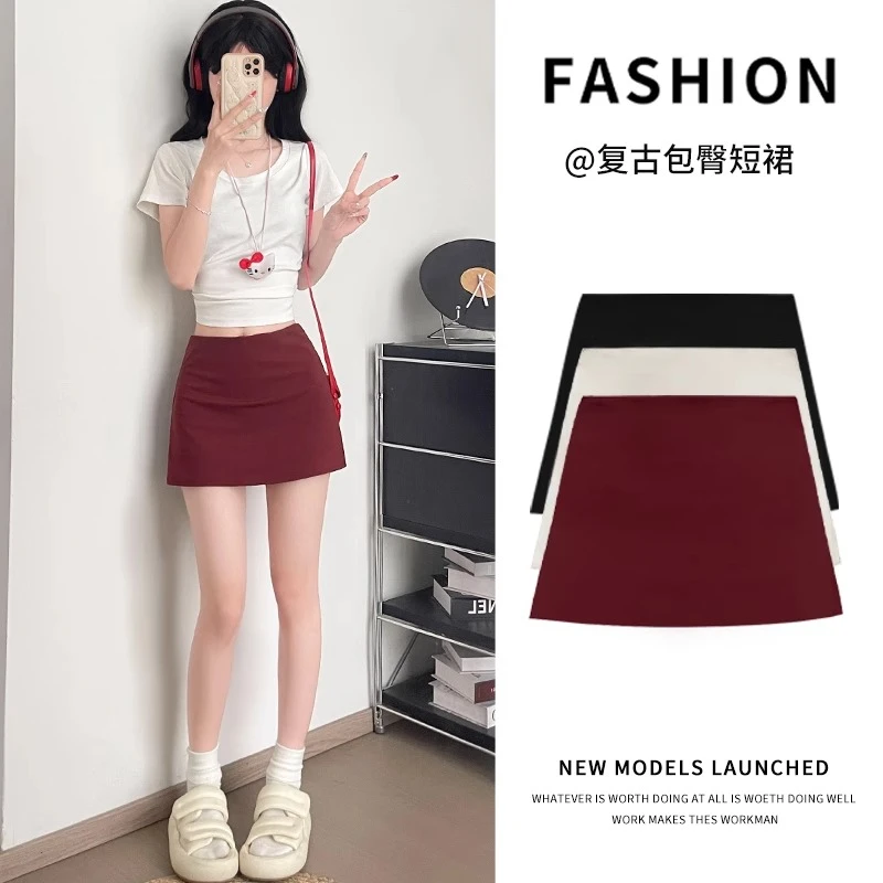 红色复古美式包臀裙女夏季高腰a字休闲小个子短裙辣妹修身半身裙