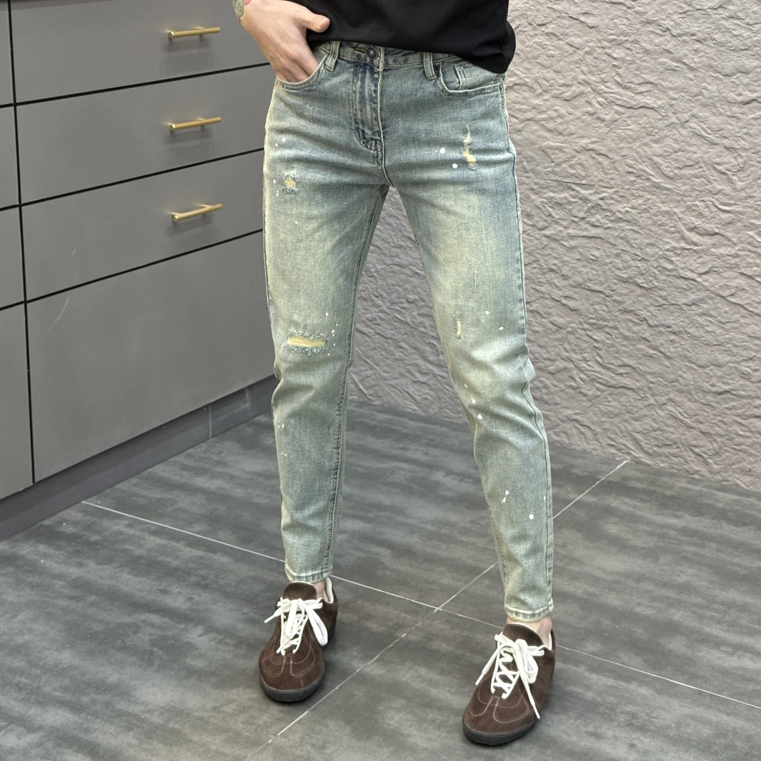 2025春季新款时尚百搭泼墨男士小脚品质九分男士牛仔裤YC6237