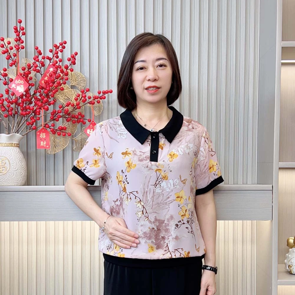 2025夏季新款中老年妈妈装时尚洋气减龄显瘦印花气质翻领短袖t恤