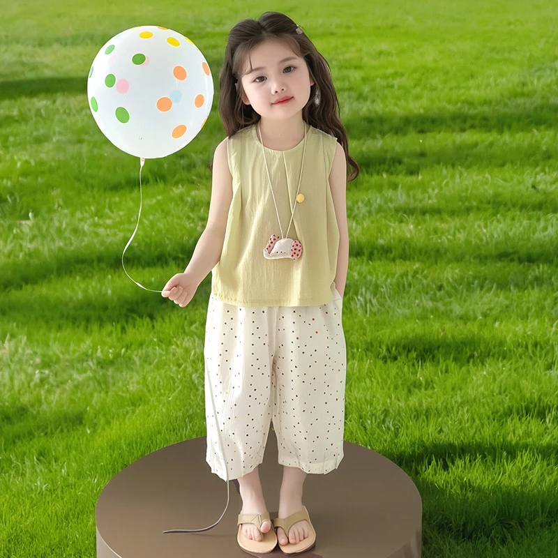 女童无袖娃娃衫彩色点点套装2025夏季新款女宝宝时尚波点两件套潮