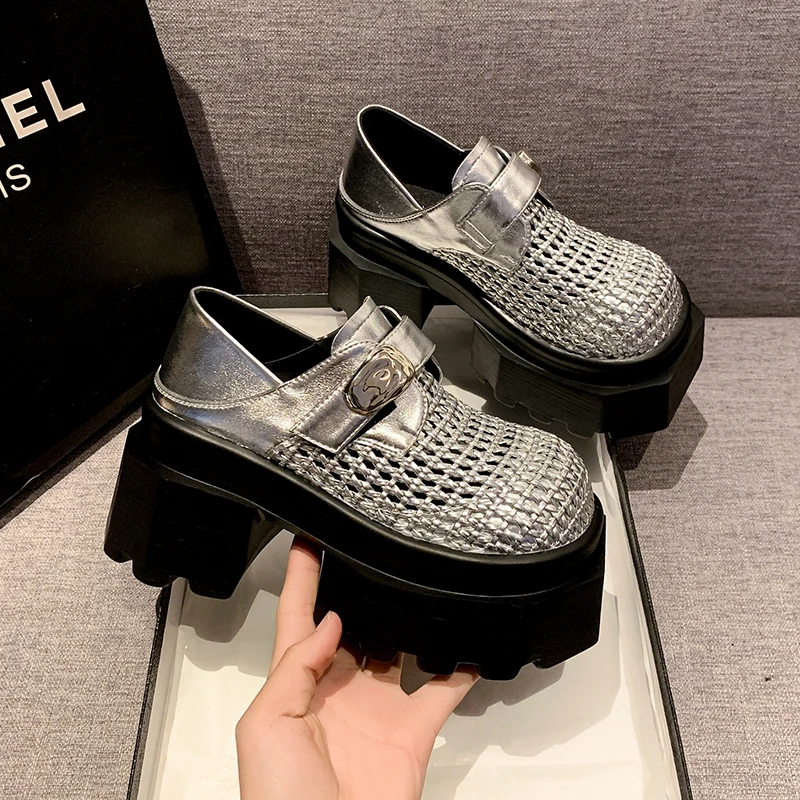 欧货2025春夏季新款编织厚底松糕两穿乐福单鞋镂空凉鞋小皮鞋女鞋