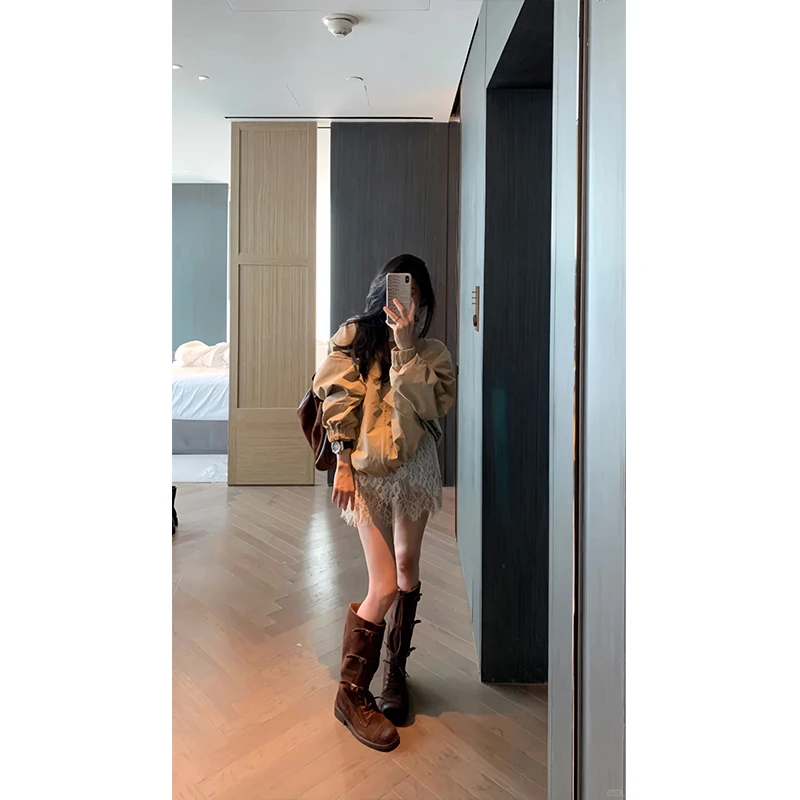 2025秋季薄款修身显瘦百搭长袖短外套女设计感纯欲辣妹蕾丝边短裙