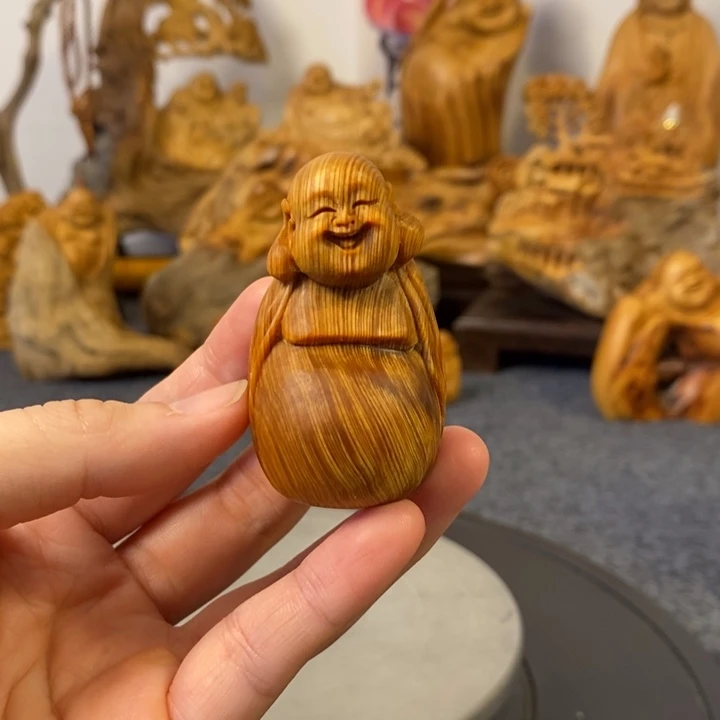 柏木崖柏弥勒佛手把件小摆件