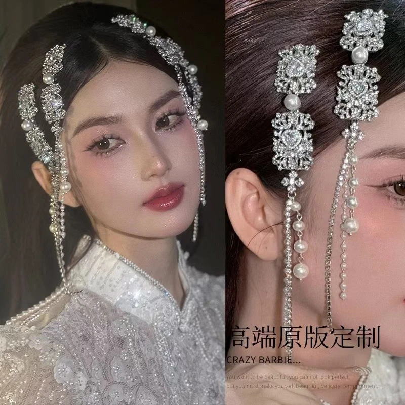 银色满钻珍珠流苏发夹民族风轻奢重工发饰新娘头饰高级感闪钻边夹
