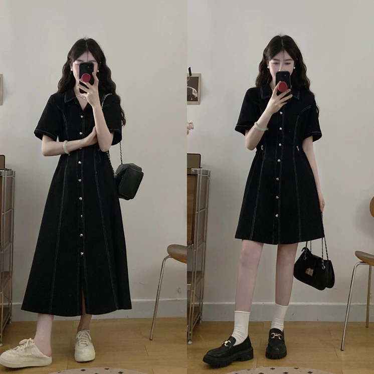气质小香风牛仔连衣裙女夏季韩版薄款设计感抽绳赫本法式中长裙
