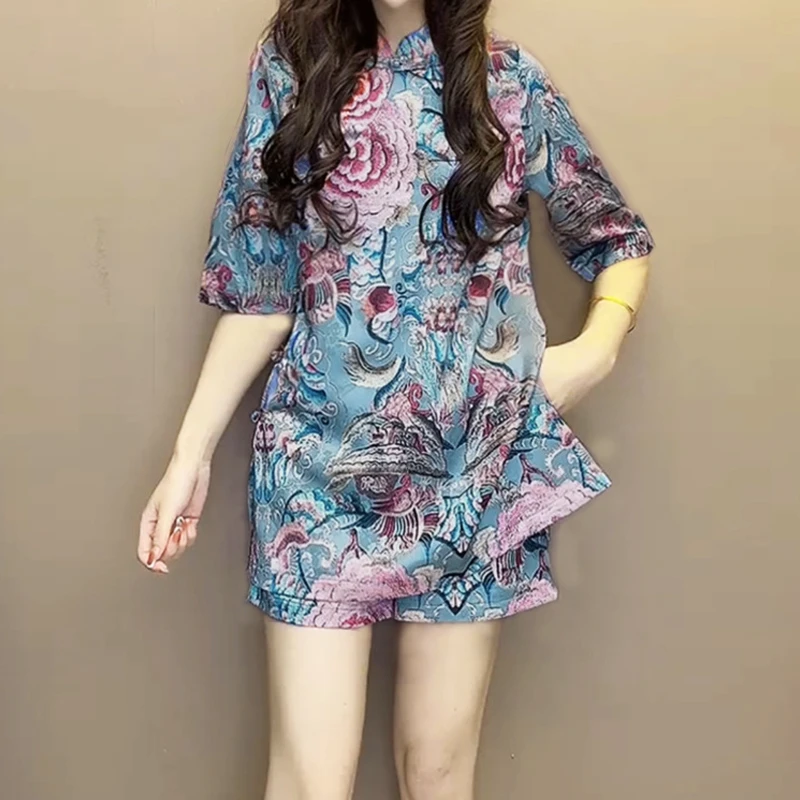新中式国风休闲中袖上衣套装女中长款2025夏季宽松显瘦短裤两件套