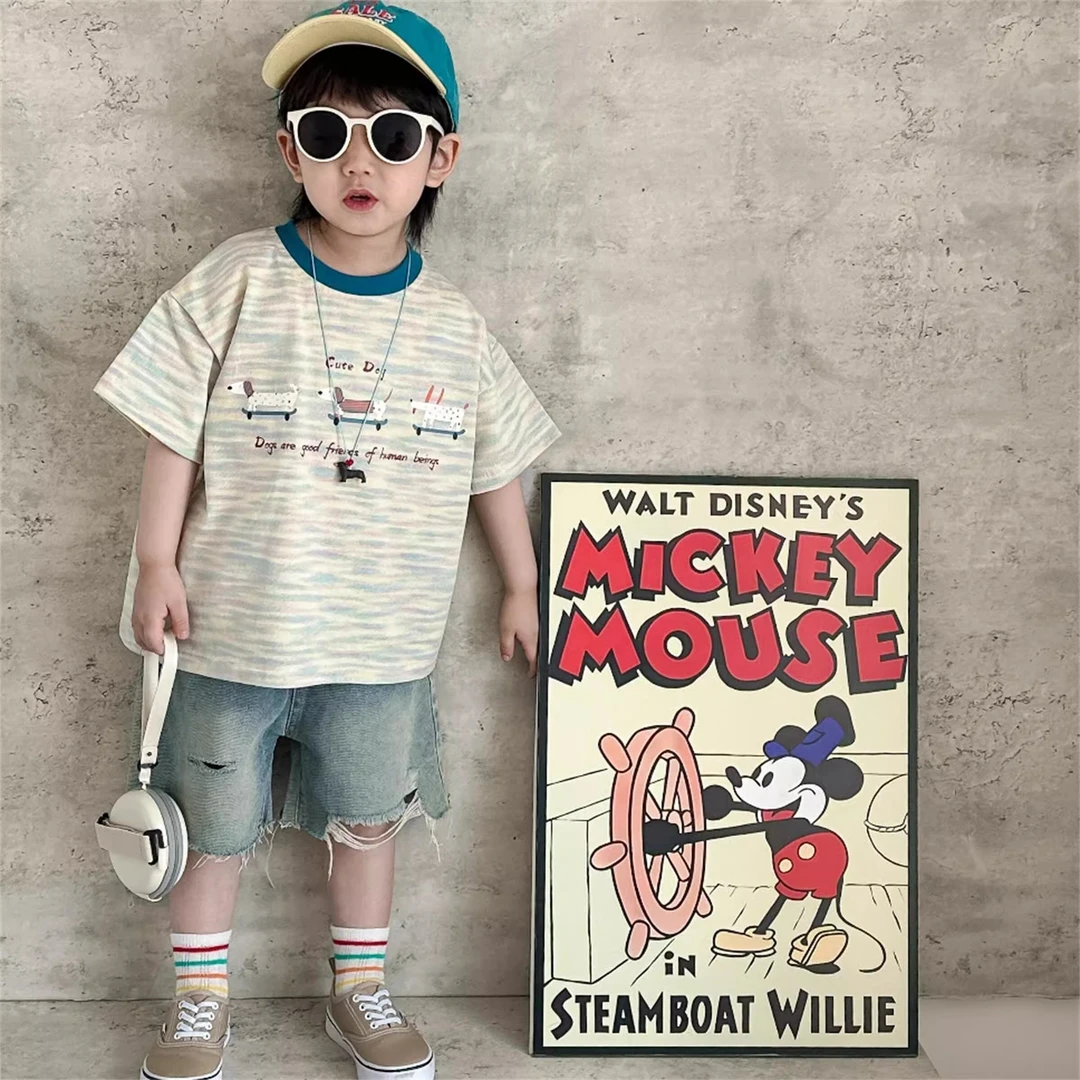 儿童休闲纯棉短袖2025夏男女童日系卡通T恤小童宝宝洋气条纹半袖