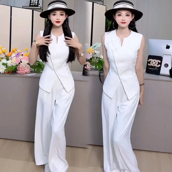 2025夏季网红新款国风套装女高级感重工刺绣提花上衣+阔腿裤