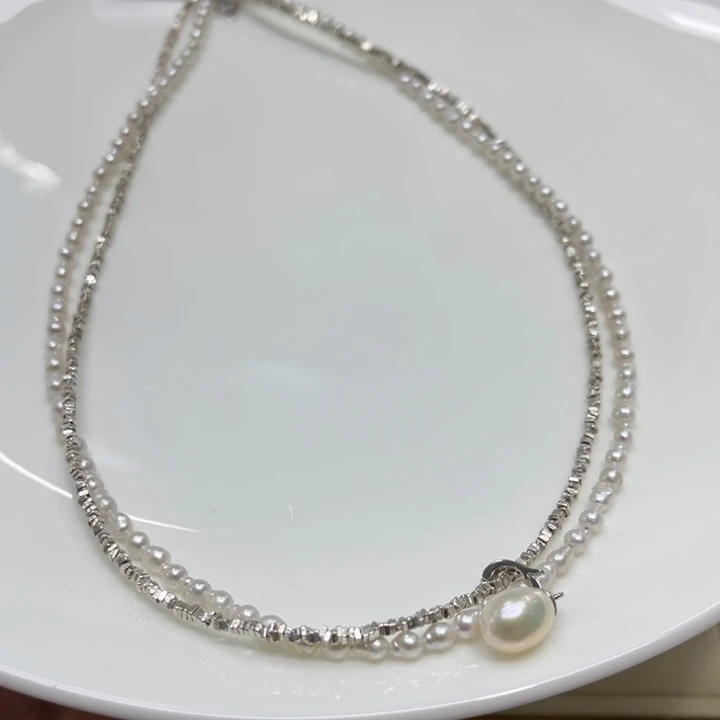淡水珍珠颈饰银S925镶嵌3-4mm 80号