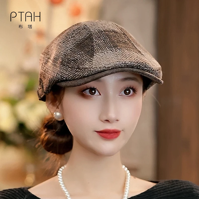 布塔小香风前进帽女士秋冬时尚羊毛混纺呢帽保暖时尚画家帽PT0805