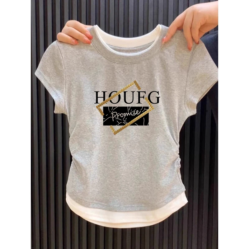 假两件短袖T恤女2025圆领正肩夏季新款褶皱收腰短款修身上衣遮肉