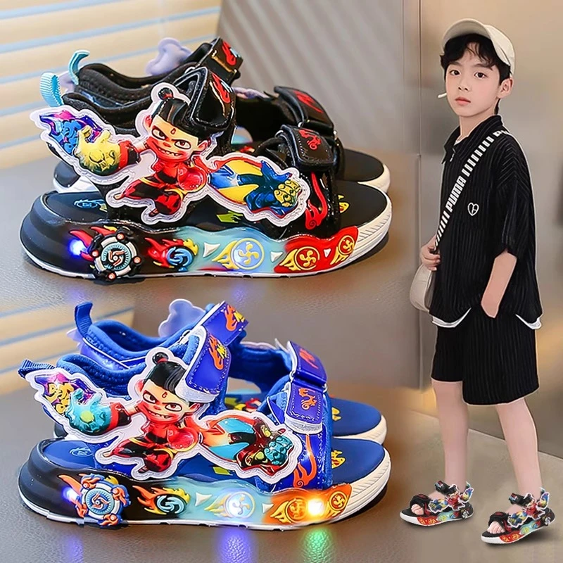 ABC儿童哪吒凉鞋男童夏季2025新款运动沙滩鞋男孩软底发光凉拖鞋
