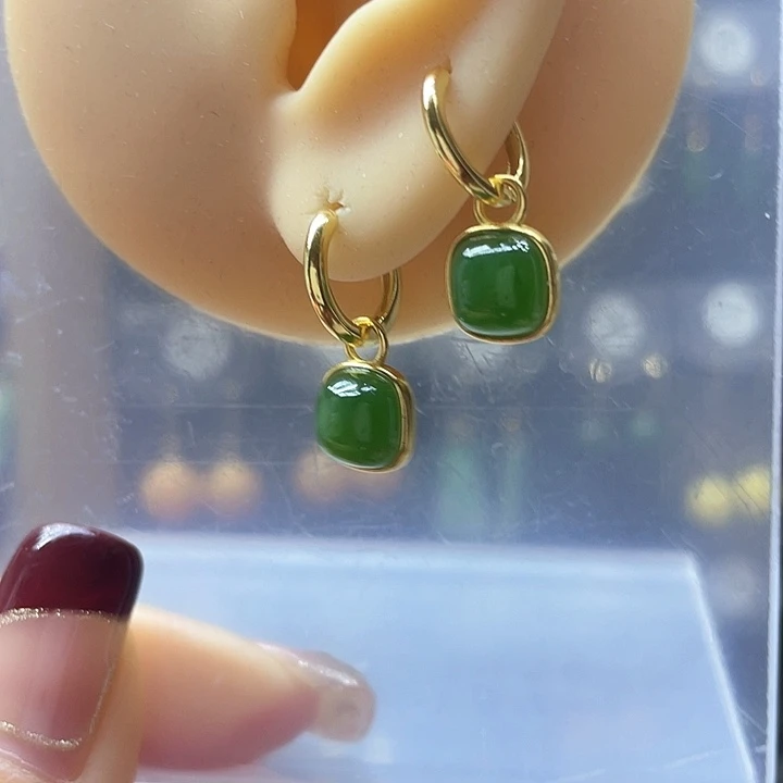 和田玉耳饰银S925镀金镶嵌