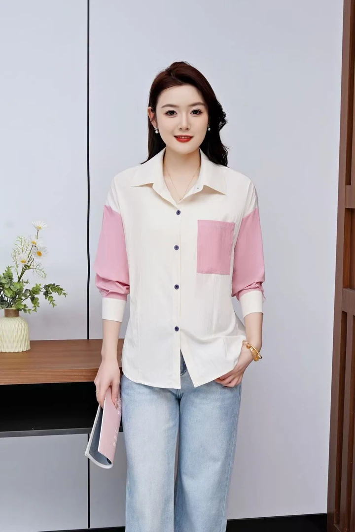 【慕妍专属】9301（衣长65）设计感撞色拼接衬衫