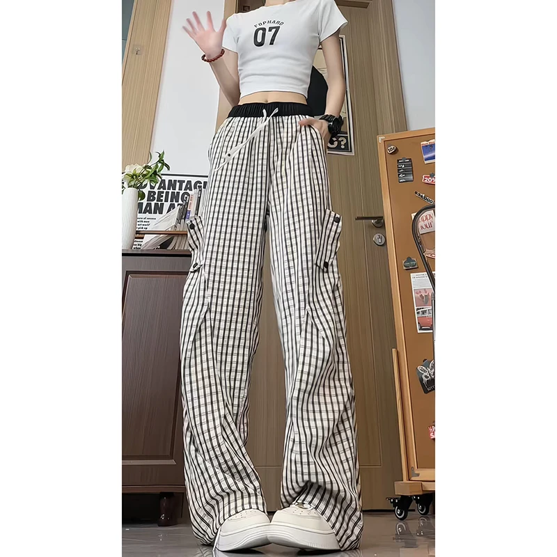 夏季新款宽松垂感格纹休闲裤男女透气防蚊裤直筒薄款褶皱格子裤