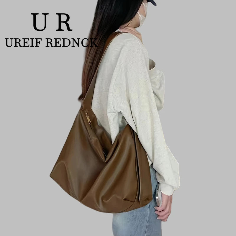 UREIF REDNCK宽带斜挎包女2025新款百搭大容量通勤软皮单肩托特包